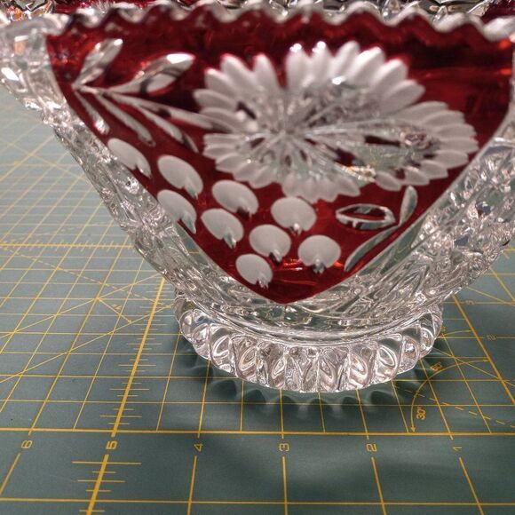 Cut to Clear Pressed Glass Bowl with Red Cut to Clear Design Panels Cottagecore - Picture 5 of 10